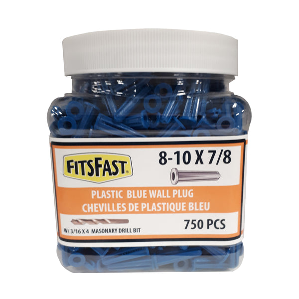FitsFast #8-10 x 22.2-mm (7/8-in) Plastic Blue Wall Plugs with 4.7-mm (3/16-in) x 10.1-cm (4-in) Masonry Drill Bit - Jar of 750