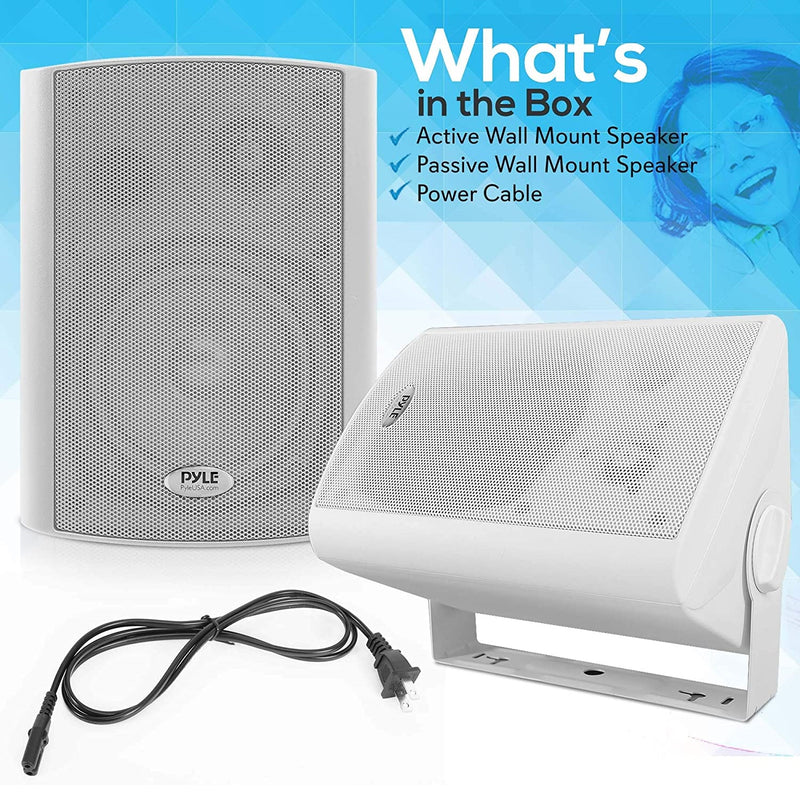 Pyle 13.3-cm (5.25-in) Bluetooth Wall Mount Speaker System - Pair of Active and Passive Powered 300-watt Wall Mount Home Speakers with MP3,AUX,RCA Input - White