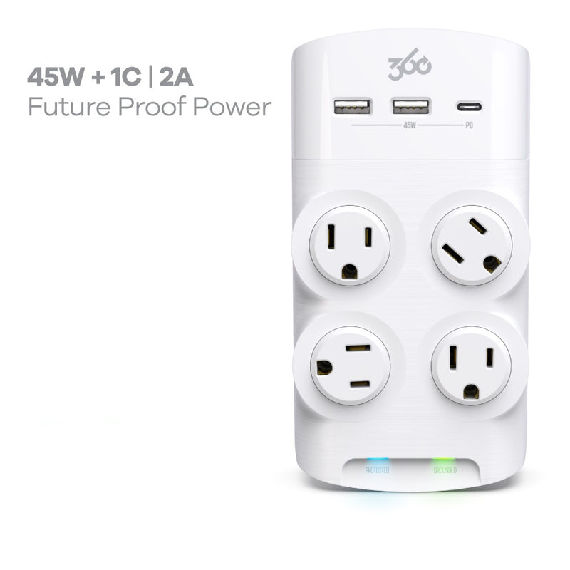 360 Electrical Revolve 45W 4-Outlet Rotating Surge Tap with 2 x USB-A ports and 1 x USB-C port - White/Grey