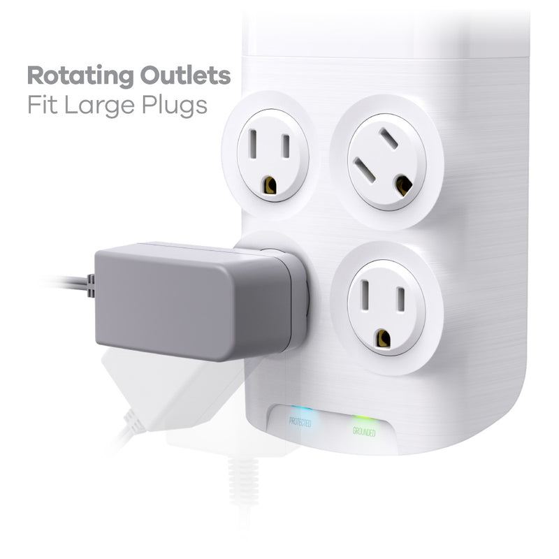 360 Electrical Revolve 45W 4-Outlet Rotating Surge Tap with 2 x USB-A ports and 1 x USB-C port - White/Grey