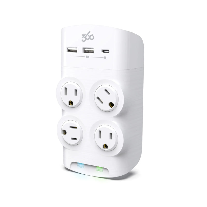 360 Electrical Revolve 45W 4-Outlet Rotating Surge Tap with 2 x USB-A ports and 1 x USB-C port - White/Grey