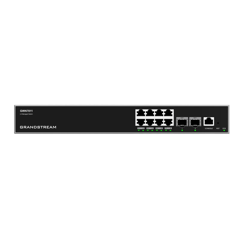 Grandstream Rackmountable Enterprise Layer 3 10-port Managed Network Switch with 8 x Gigabit Ethernet Ports and 2 x SFP+ Ports - Grey