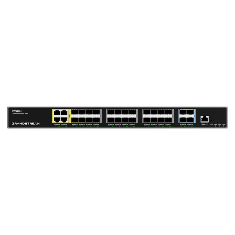 Grandstream Rackmountable Enterprise Layer 3 32-port Managed Aggregation Switch with 24 x SFP Ports, 4 x SFP+ Ports, and 4 x Gigabit Ethernet Combo Ports - Grey