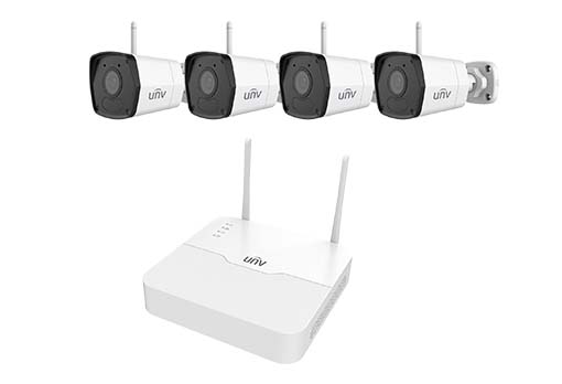 Uniview KIT301-04LS3- W/4*2122LB-ABF40WK-G 4-channel Wi-Fi NVR Security System with 4 Smart IR 2MP HD Wi-Fi Bullet Network Cameras - White