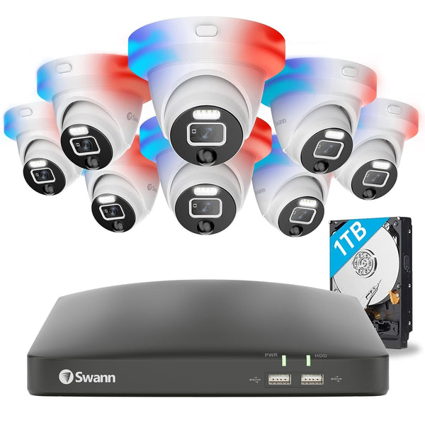 Swann 1080p Full HD 8-channel 1TB Hard Drive DVR Security System with 8 x Enforcer Police-Style Red and Blue Flashing Light Dome Cameras (PRO-1080DER)  - White