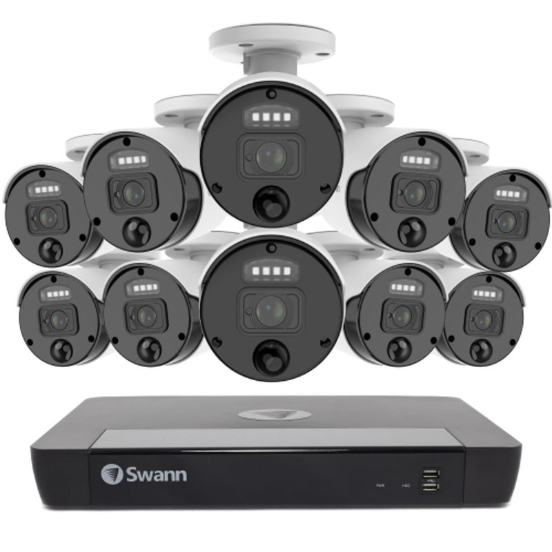 Swann Master 4K Ultra HD 16-channel 2TB Hard Drive NVR Security System with 10 x 4K Heat and Motion Detection Spotlight IP Bullet Security Cameras (NHD-875WLB) - White