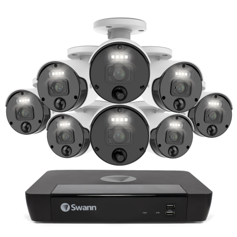 Swann Master 4K Ultra HD 8-channel 2TB Hard Drive NVR Security System with 8 x 4K Heat and Motion Detection Spotlight IP Bullet Security Cameras (NHD-875WLB) - White