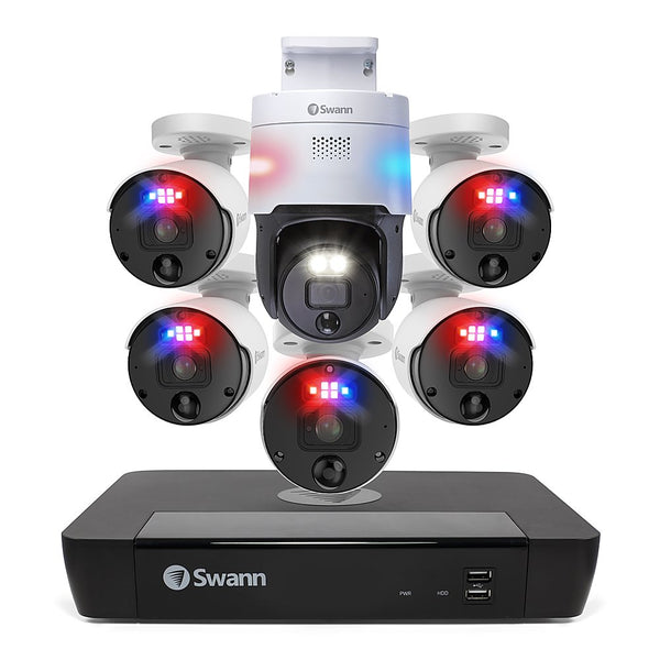 Swann 12MP Pro Enforcer™ 8-channel 2TB NVR Security System with 5 x Bullet Enforcer™ Cameras (NHD-1200BE) and 1 x Pan-Tilt Enforcer™ Camera (NHD-900PT) - White - Open Box