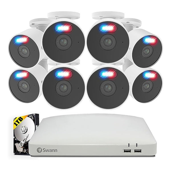 Swann Home 1080p HD 8-channel 1TB Hard Drive DVR Security System with 8 x Heat and Motion Detection Night Vision Bullet Cameras - White