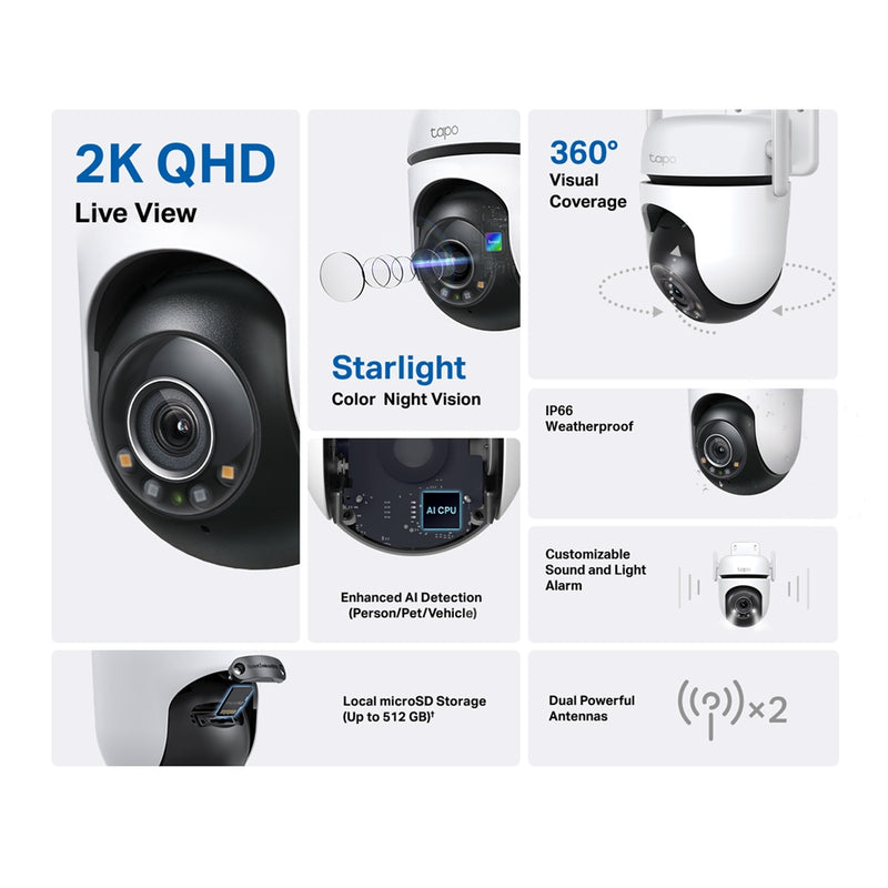 TP-Link Tapo 2K QHD Starlight Full Colour Night Vision Outdoor Pan/Tilt Security Wi-Fi Camera - White