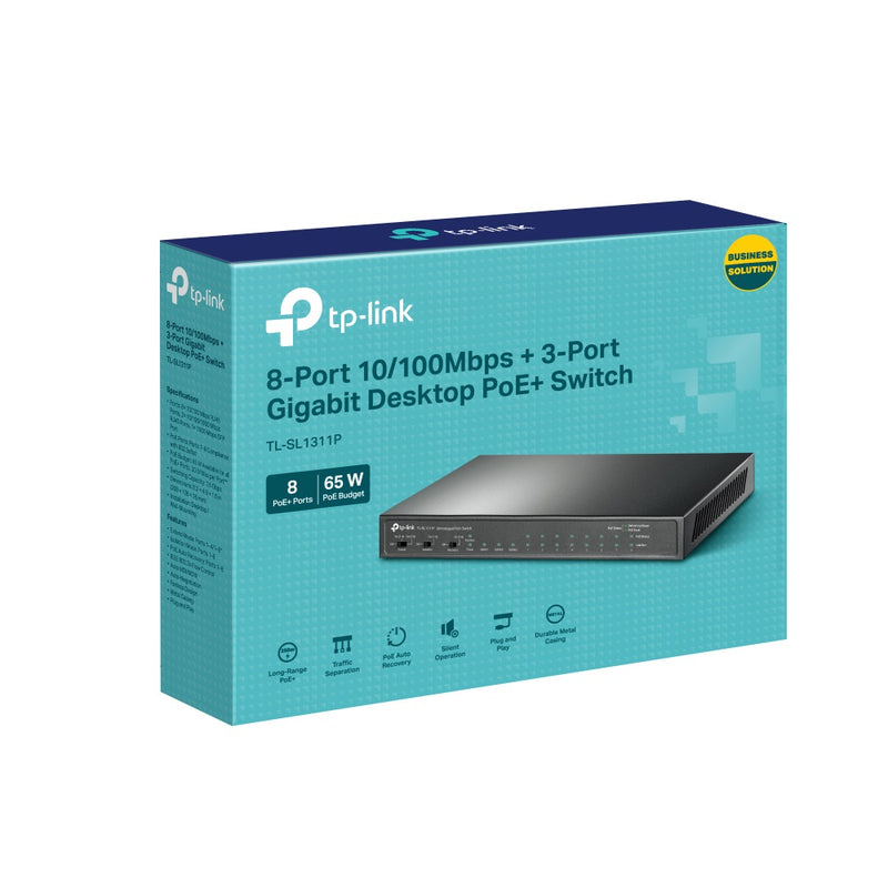 TP-Link 11-Port Gigabit Desktop Switch with 8 x 10/100Mbps PoE+ Ports, 2× Gigabit RJ45 Ports, and 1× Gigabit SFP Port - Grey