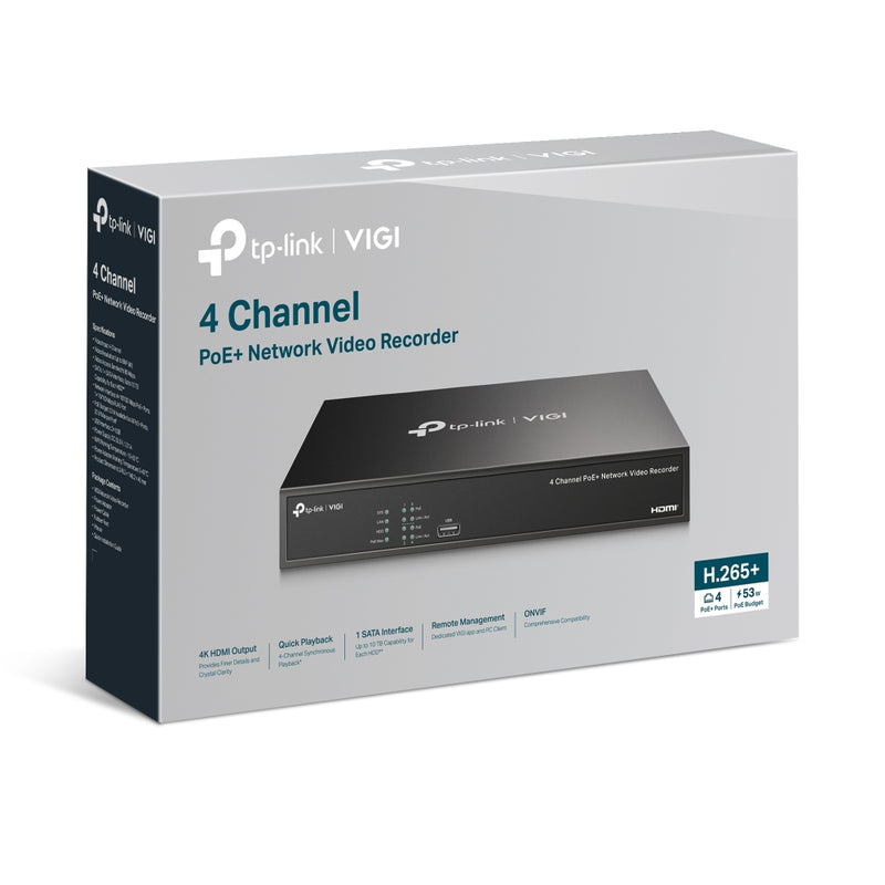 TP-Link VIGI 4-channel PoE+ 1 SATA Interface Network Video Recorder NVR with 2TB Hard Drive - Black