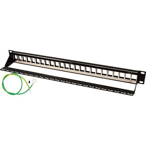 Vertical Cable 1U 24 Port Shielded Keystone Patch Panel with Ground and Cable Manager - Black