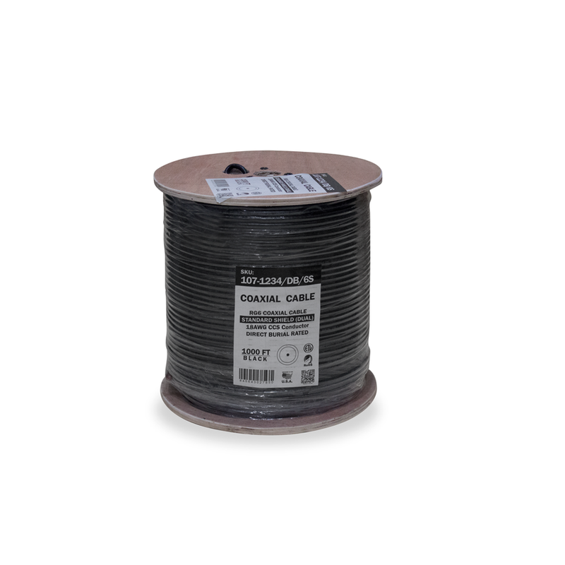 Vertical Cable 18AWG Direct Burial RG6 Standard Shield - 75-ohm - 1000-ft Wood Spool - Black