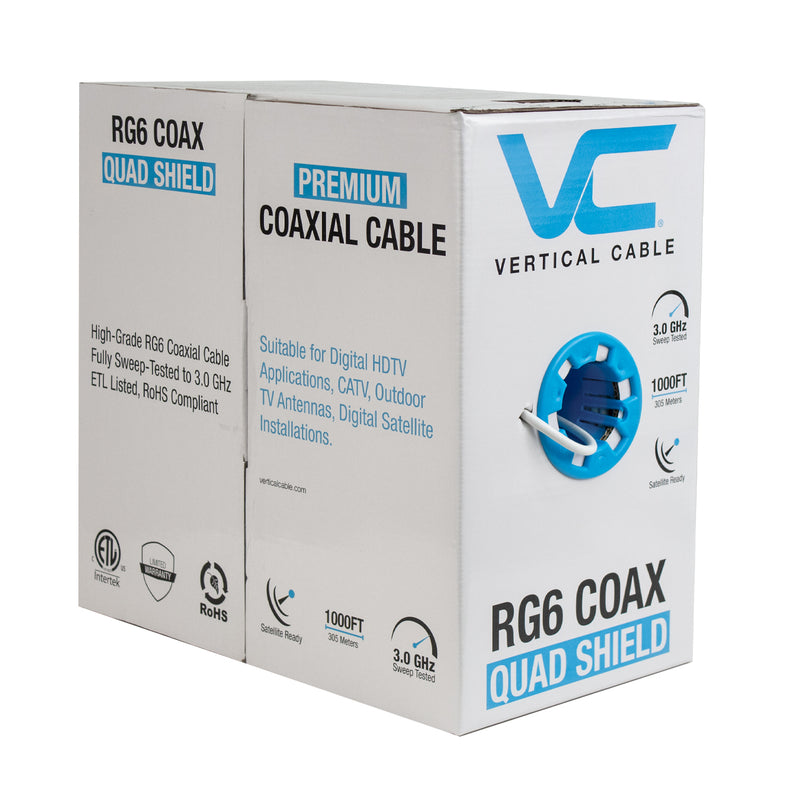 Vertical Cable RG6 Quad Shield Premium Coaxial Cable 75 OHM 18-gauge CCS Conductor Aluminum Foil Shield & Aluminum Braid - 304.8-meter (1000-ft) Pull Box - White