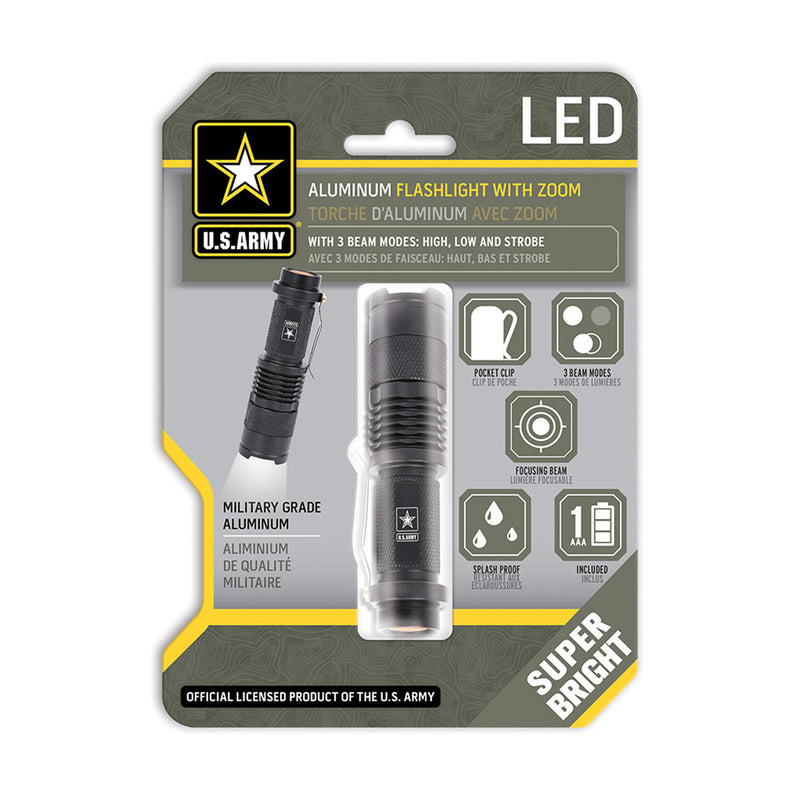 U.S. Army Military Grade Aluminum Flashlight with Zoom - Black
