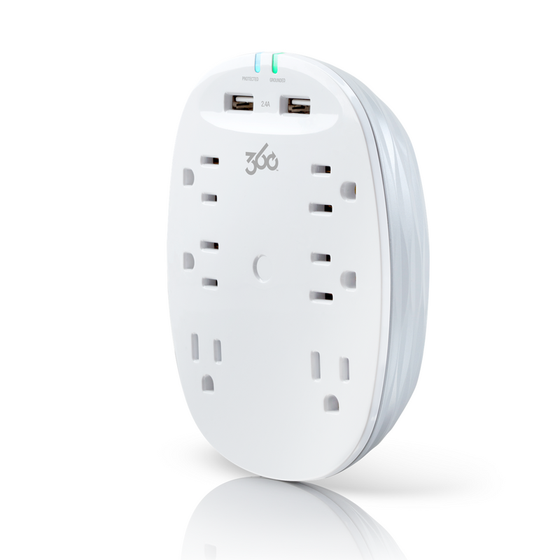 360 Electrical Studio 6-Outlet Surge Protector Wall Tap with 2 x 2.4-amp USB Ports - White