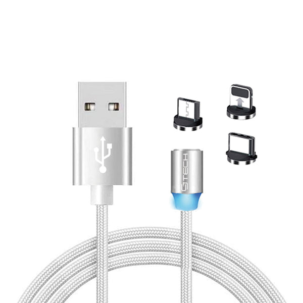 CJ Tech Magnetic Tip 3 in 1 Micro USB, Type C, and Lightning Non MFI Universal Charging Cable with LED Light 6-ft - White