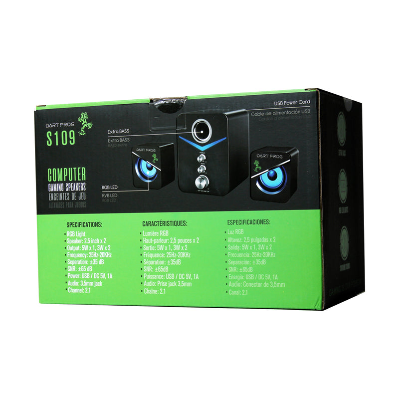 Dart Frog 2.1 Channel Computer Gaming Speakers with LED RGB Lights and Subwoofer with Volume, Treble and Bass Controls - Black