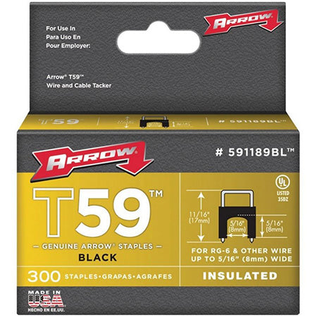 Arrow Fastener T59 Insulated Staples for RG59 Quad and RG6, 7.9-mm (5/16-in) x 7.9-mm (5/16-in) - 300-pack - Black