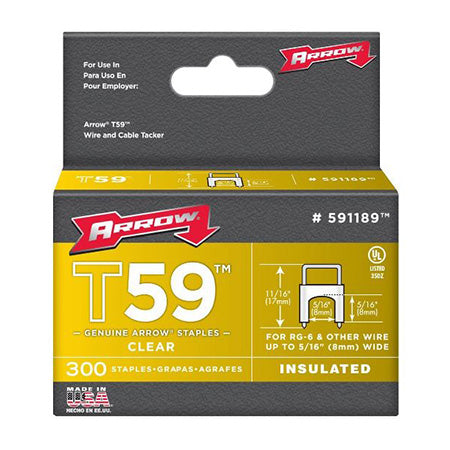 Arrow Fastener Clear T59 Insulated Staples for RG59 Quad and RG6, 7.9-mm (5/16-in) x 7.9-mm (5/16-in) - 300-pack