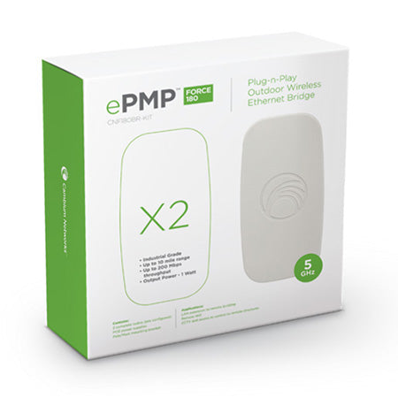 Cambium Networks ePMP Force 180 Bridge-in-a-Box Plug-n-Play Outdoor Wireless Ethernet Bridge - Pre-Paired Point-to-Point (PTP) Link - 10-mile Wireless Range - 5-GHz - 200-Mbps Throughput