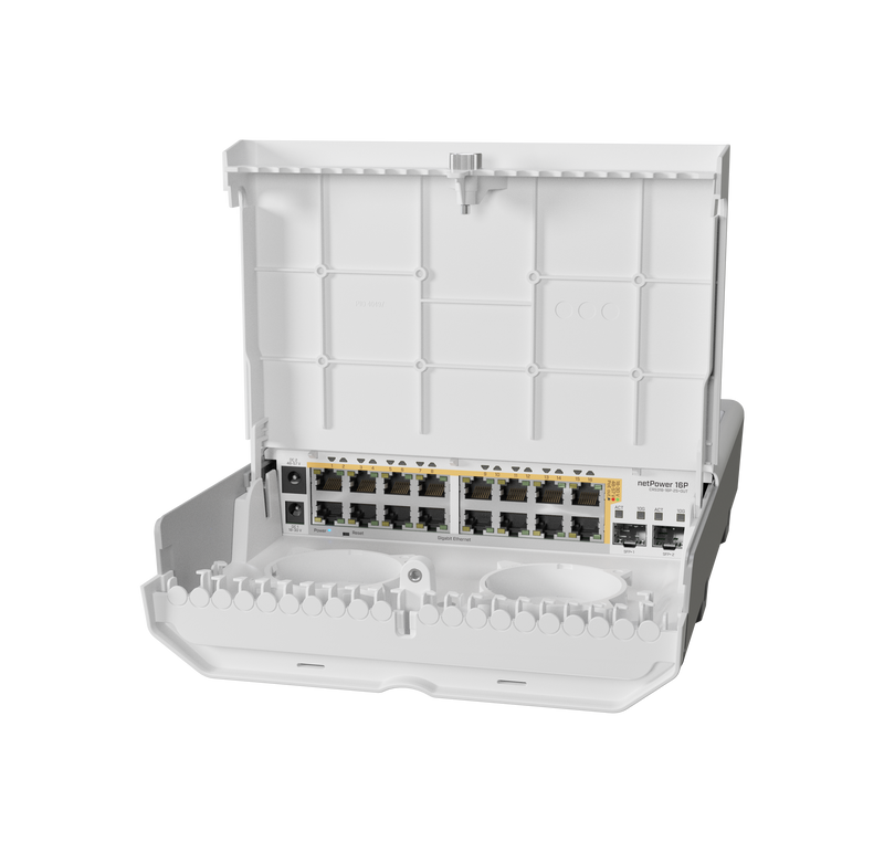 MikroTik netPower 18-port Outdoor Switch with 16-port Gigabit PoE-out, 2-port SFP+ - White