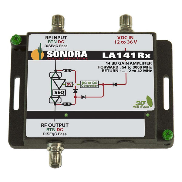Sonora Outdoor DBS,OTA,CATV 54 to 3000 MHz Line Powered Amplifier with Forward Gain and Passive Sub-Band 2 to 42 MHz Return - Black