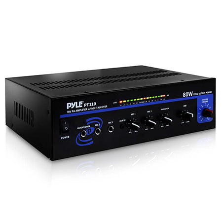 Pyle 80-watt AC/DC Microphone PA Mono Amplifier with 70-volt Output and Mic Talkover - Black