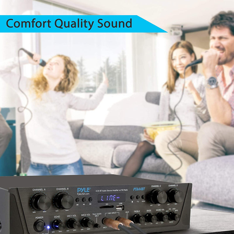 Pyle Bluetooth Home Karaoke Audio Amplifier, 4-channel Audio Source Stereo Receiver System with FM Radio, MP3,USB,SD,AUX Playback - Black