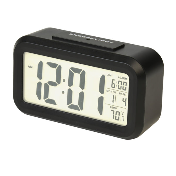 RCA Portable Alarm Clock with Auto Night Light Sensor, Temperature & Calendar - Black