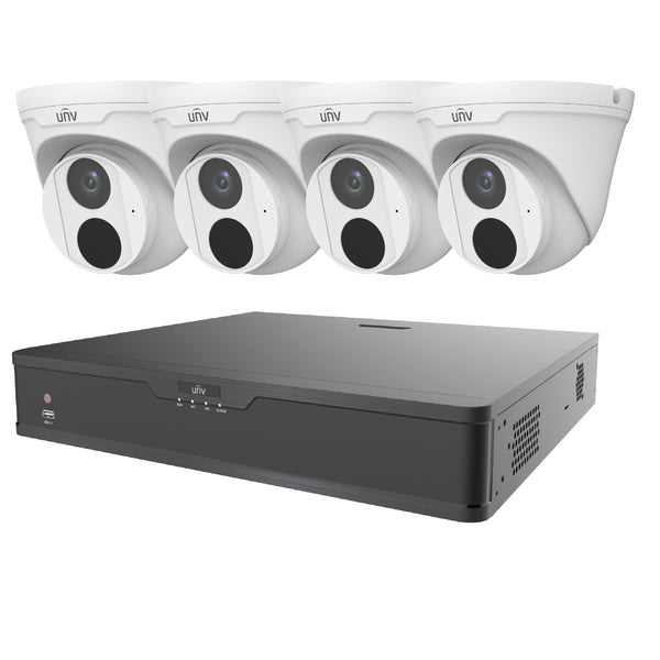 Uniview KIT30104LS3/4*3614LB-1TB 4-channel 1TB Hard Drive NVR Security System with 4 PoE Smart IR 4MP Fixed Lens IP Dome Cameras - White