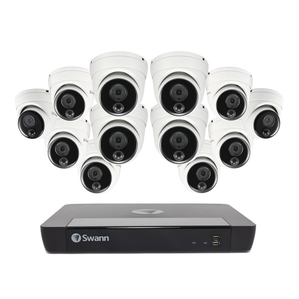 Swann 4K Ultra HD 16-channel 2TB Hard Drive NVR Security System with 12 x 4K PIR Outdoor Warning Light Dome Security Cameras (NHD-888MSD) - White