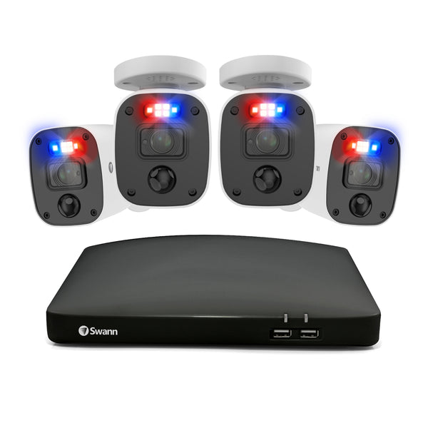 Swann Enforcer™ 4K Ultra HD 8-channel 2TB Hard Drive DVR Security System with 4 x 4K Enforcer Bullet Cameras with Controllable Red and Blue Flashing Lights, Spotlights and Sirens (PRO-4KRQ) - White