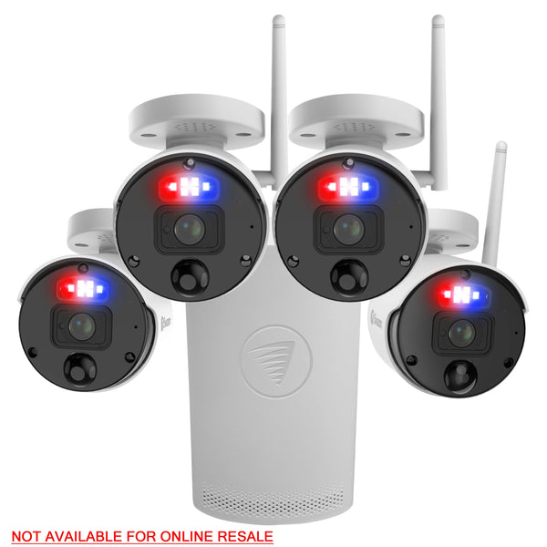 Swann SecureAlert 4K Ultra HD 4-Channel Wi-Fi 1TB NVR Security System with 4 x 4K Enforcer Cameras with Controllable Red and Blue Flashing Lights, Spotlights and Sirens - White