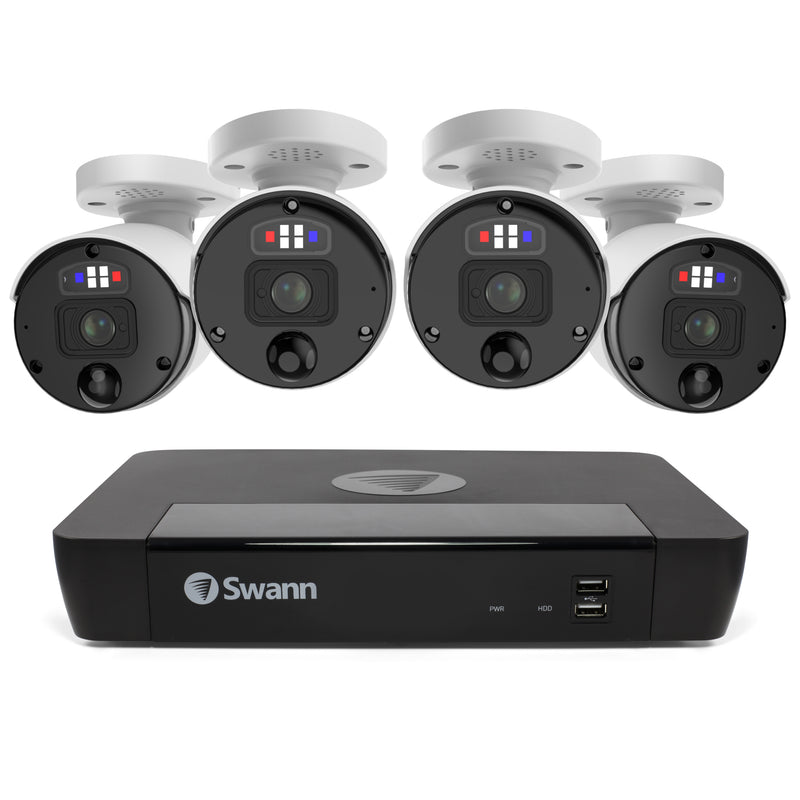 Swann Enforcer™ 12MP HD 8-channel 2TB Hard Drive NVR Security System with 4 x 12MP Police-Style Red and Blue Flashing Light IP Bullet Security Cameras (NHD-1200BE) - White