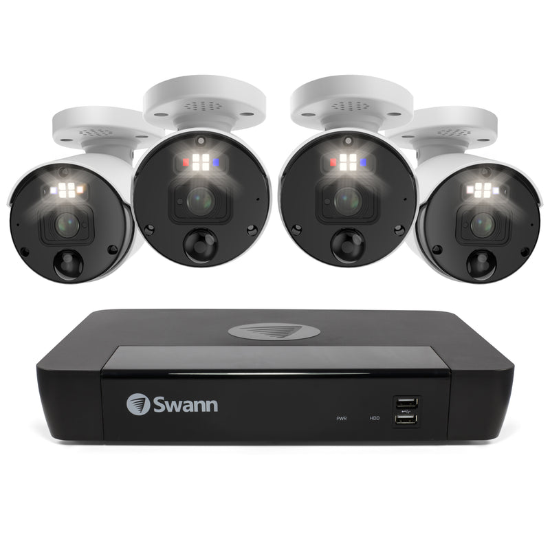 Swann Enforcer™ 12MP HD 8-channel 2TB Hard Drive NVR Security System with 4 x 12MP Police-Style Red and Blue Flashing Light IP Bullet Security Cameras (NHD-1200BE) - White