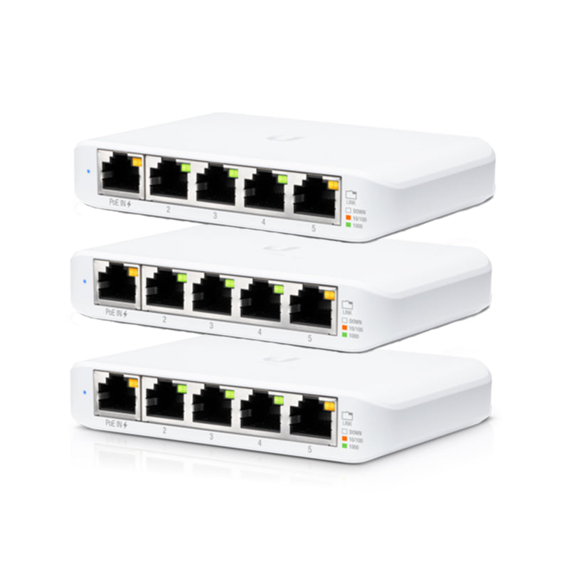 Ubiquiti UniFi Flex Mini 5-Port Managed Gigabit Ethernet Switch Powered by 802.3af/at PoE - 3-Pack - White