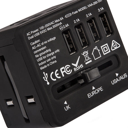 Veho Universal 4-Port USB 5-volt/3.5-amp Multi-Region Travel Adapter - Black