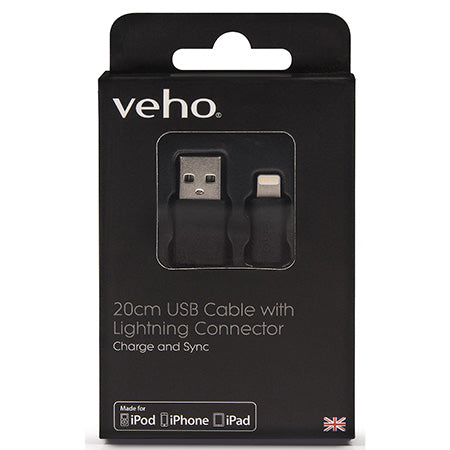 Veho Pebble Certified MFi Lightning to USB Charge & Sync Cable, 0.2-meter (0.7-ft) - Black