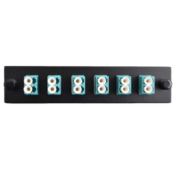 FIS LC Duplex 6-pack Plate Loaded with MM 50-micrometer OM3 Aqua Adapters - Black