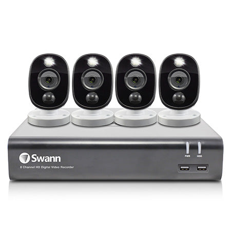 Swann 1080p HD 8-channel 1TB Hard Drive DVR Security System with 4 x 1080p PIR Outdoor Warning Light Bullet Security Cameras - White